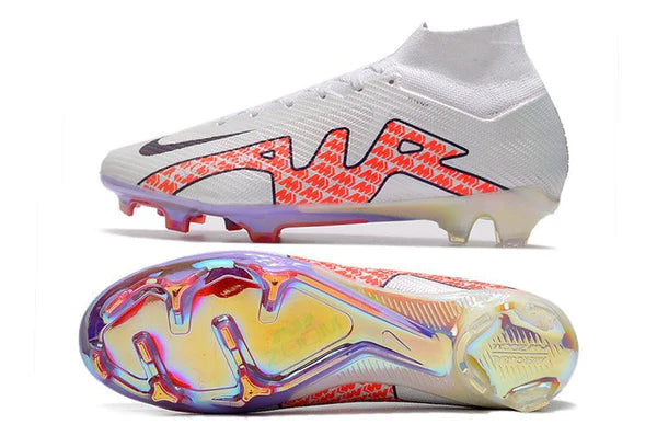 Chuteira Campo Nike Air Zoom Mercurial Superfly IX Elite FG Branco/ Laranja - Cano Alto