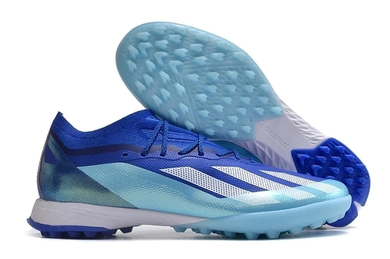 CHUTEIRA SOCIETY ADIDAS X CRAZYFAST TF -AZUL COM DETALHES EM CIANO