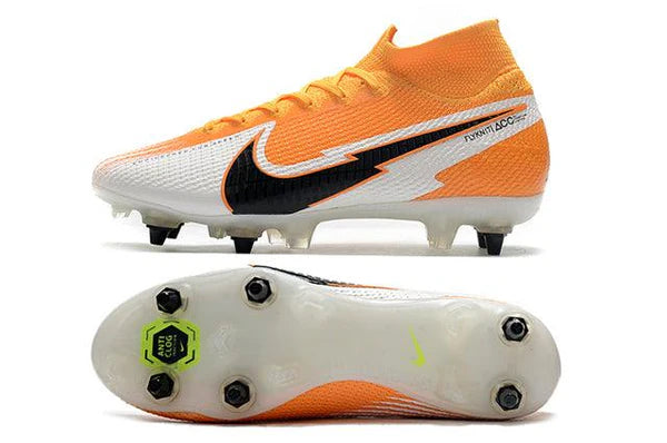 Chuteira Campo Nike Mercurial Superfly 7 Elite SG - PRO Anti Clog Branco e Laranja - Cano Alto