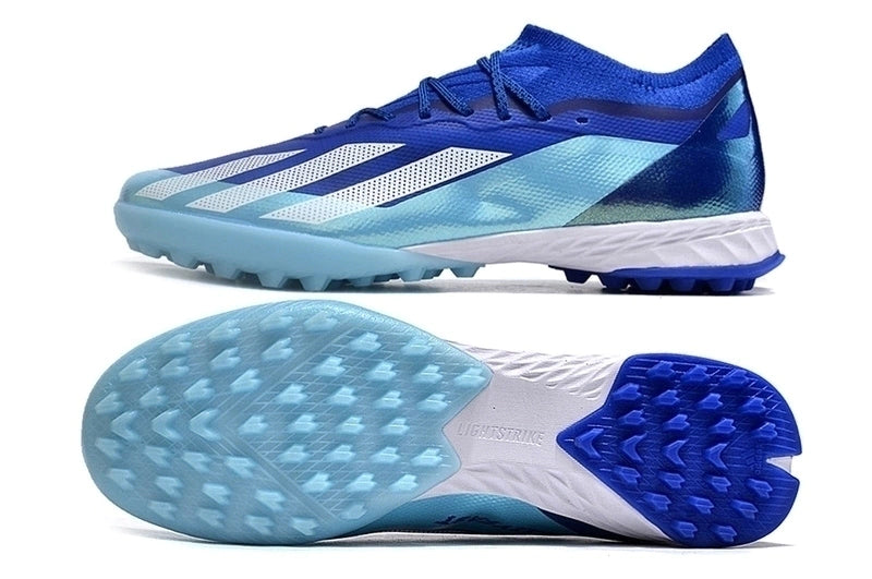 CHUTEIRA SOCIETY ADIDAS X CRAZYFAST TF -AZUL COM DETALHES EM CIANO