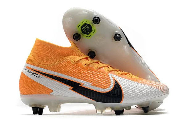 Chuteira Campo Nike Mercurial Superfly 7 Elite SG - PRO Anti Clog Branco e Laranja - Cano Alto