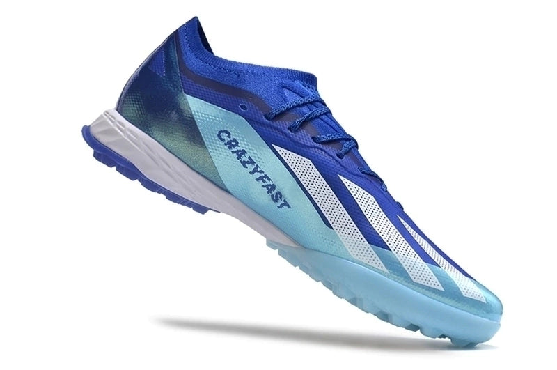 CHUTEIRA SOCIETY ADIDAS X CRAZYFAST TF -AZUL COM DETALHES EM CIANO