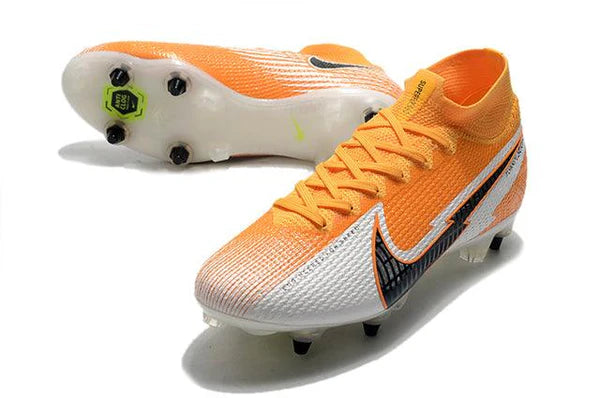 Chuteira Campo Nike Mercurial Superfly 7 Elite SG - PRO Anti Clog Branco e Laranja - Cano Alto