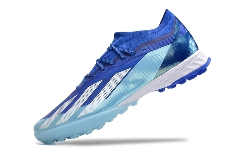 CHUTEIRA SOCIETY ADIDAS X CRAZYFAST TF -AZUL COM DETALHES EM CIANO