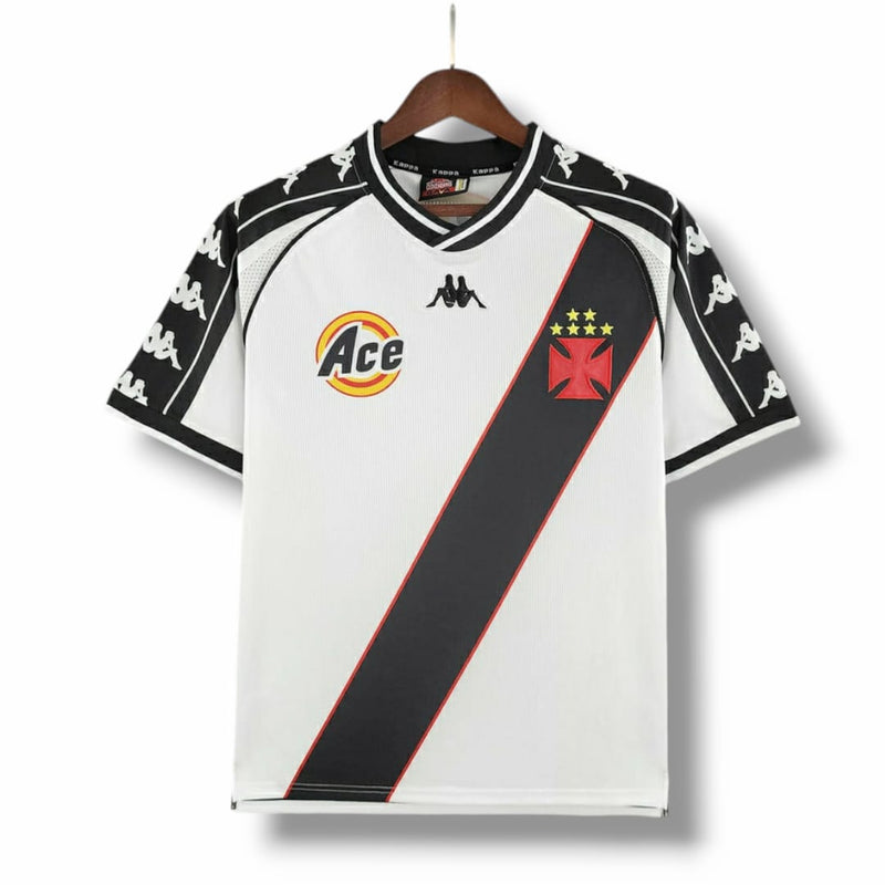 Camisa Vasco da Gama I Retrô 2000 - Kappa Torcedor Masculina - Branca com a faixa em preto e detalhes em amarelo e vermelho